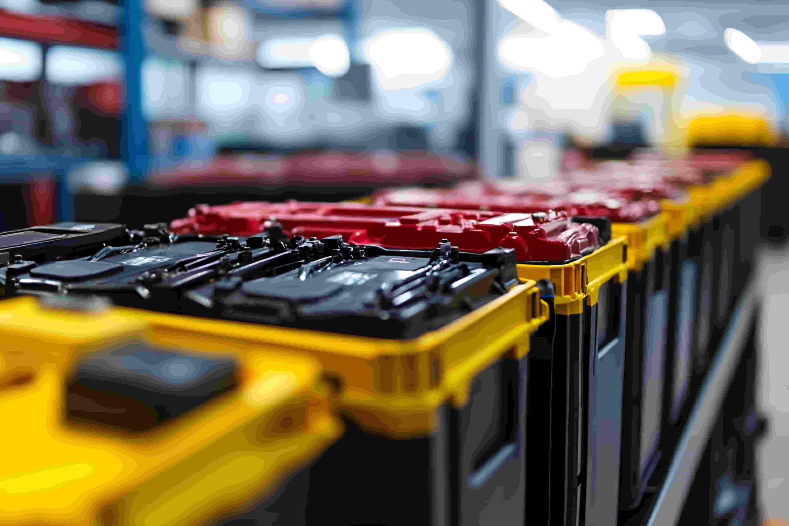 Various types of car batteries arranged in rows